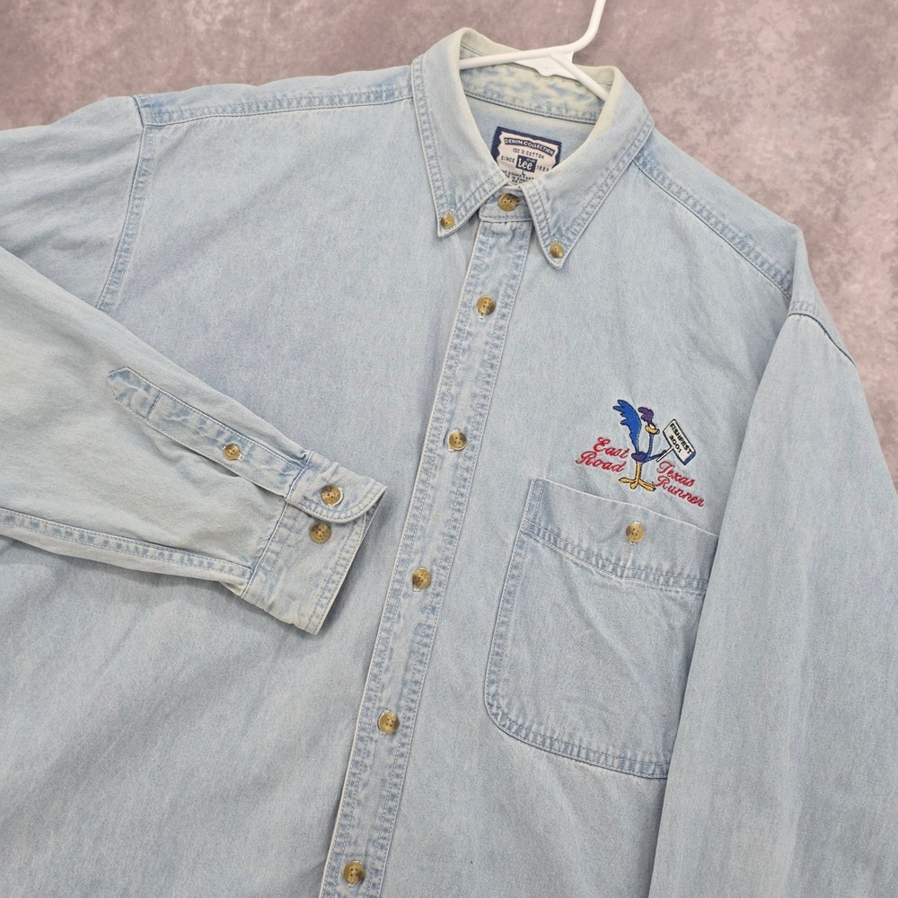 Vintage Lee Denim Shirt Mens Large Blue Road Runner Texas Fishfest 2001 Y2K